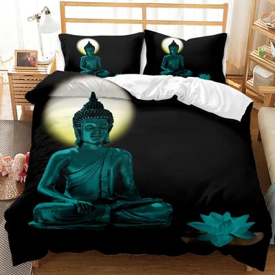 Buddha Statue Bettbezug Set King/Queen Größe, Exotischer Goldener Buddha Lotusblumen Bettdeckenbezug Erwachsene Polyester Bettwäscheset