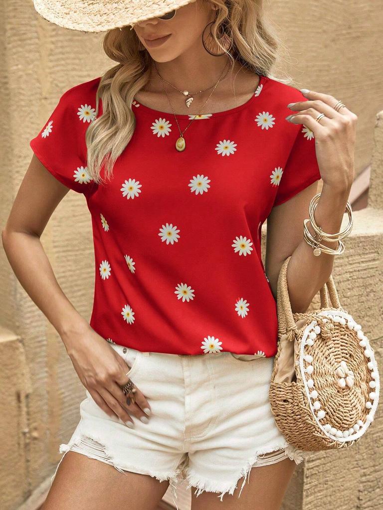 Summer Round Neck 3D Print Flower Pattern Top Fashionable Casual Short Sleeved Women's T-shirts