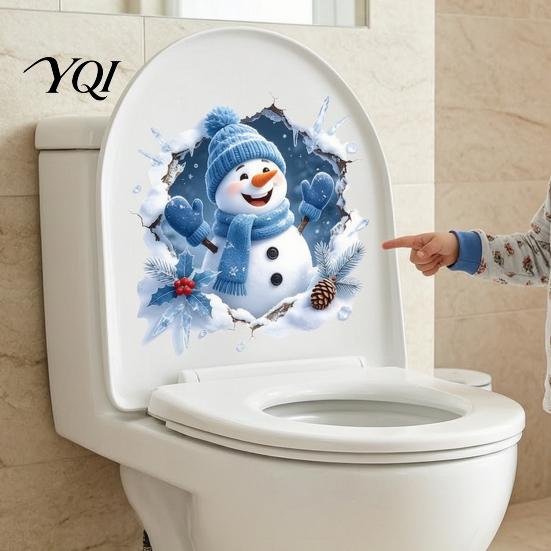 Durable PVC Window Clings Christmas Snowman Toilet Stickers, 3D Bathroom Wall Decals, Festive Home Art Waterproof Seat Creative Holiday Decor Decals