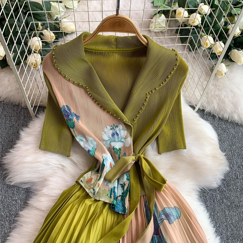 Summer Women Casual Plus Size Miyake Folds Print Beading Lace-up Oversize Loose Long Maxi Pleated Dresses