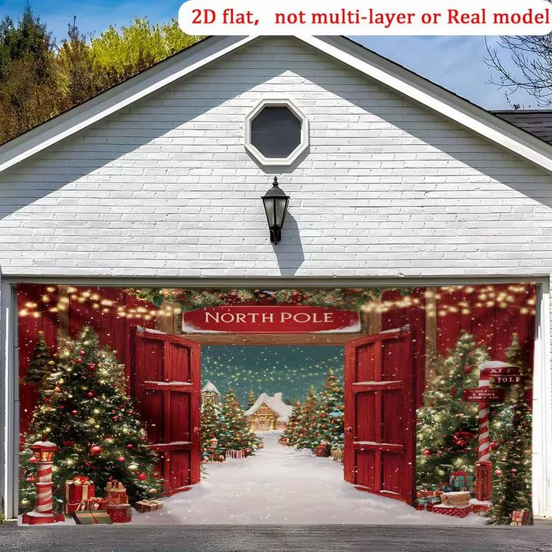 2D Christmas North Pole Scene Backdrop, Red Barn Door & Xmas Tree Photography Background