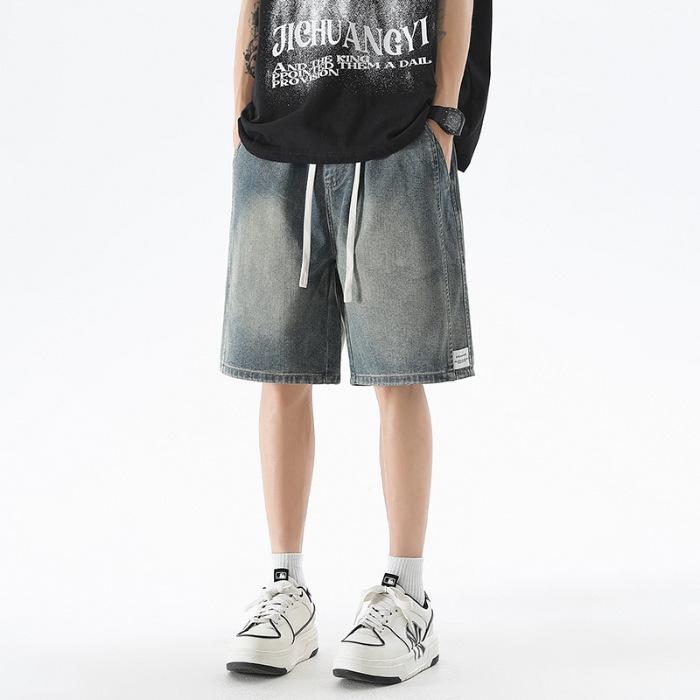 

Summer Thin Denim Mid-trousers Men s Trendy Drawstring Style Hong Kong Style Casual Versatile Five-point Pants M