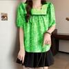 Retro Floral Lace Square Collar Short-sleeved Shirt for Women's Summer Doll Shirt Top