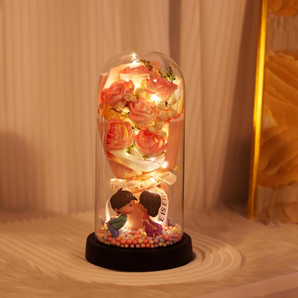 Colorful Eternal Rose Flower Lover Figurines Transparent Cover Rose Bouquet Ornament Living Room Decor Real Touch Flower