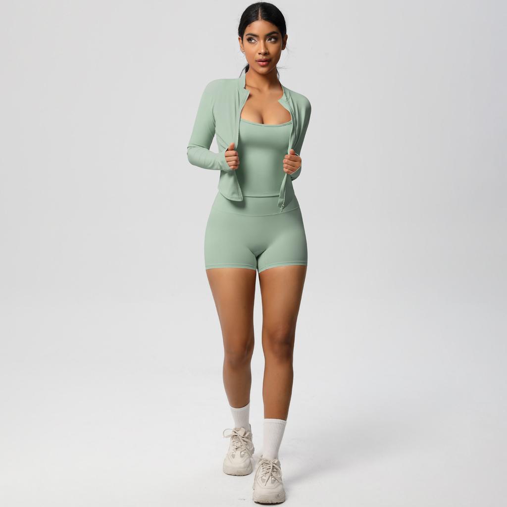 High Waisted Tight Fitting Sandblasting Yoga Suit, Naked Sensation Quick Drying Fitness Set, Outdoor Leisure Running Three Piece Set For Women