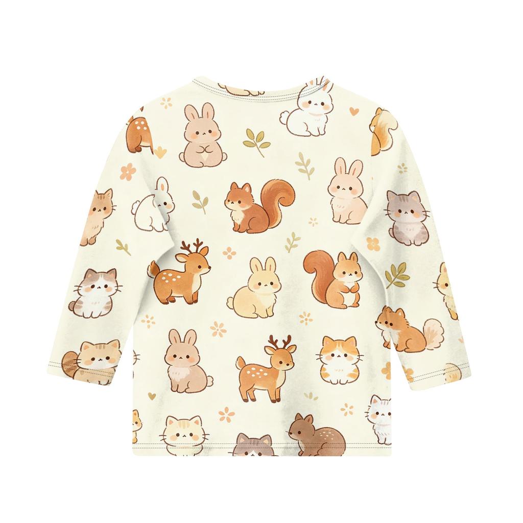 Kinder Tierdruck Rundhals Dreiviertelarm Lässiges T-Shirt Weicher Stoff Bequeme Passform Leichtes Design