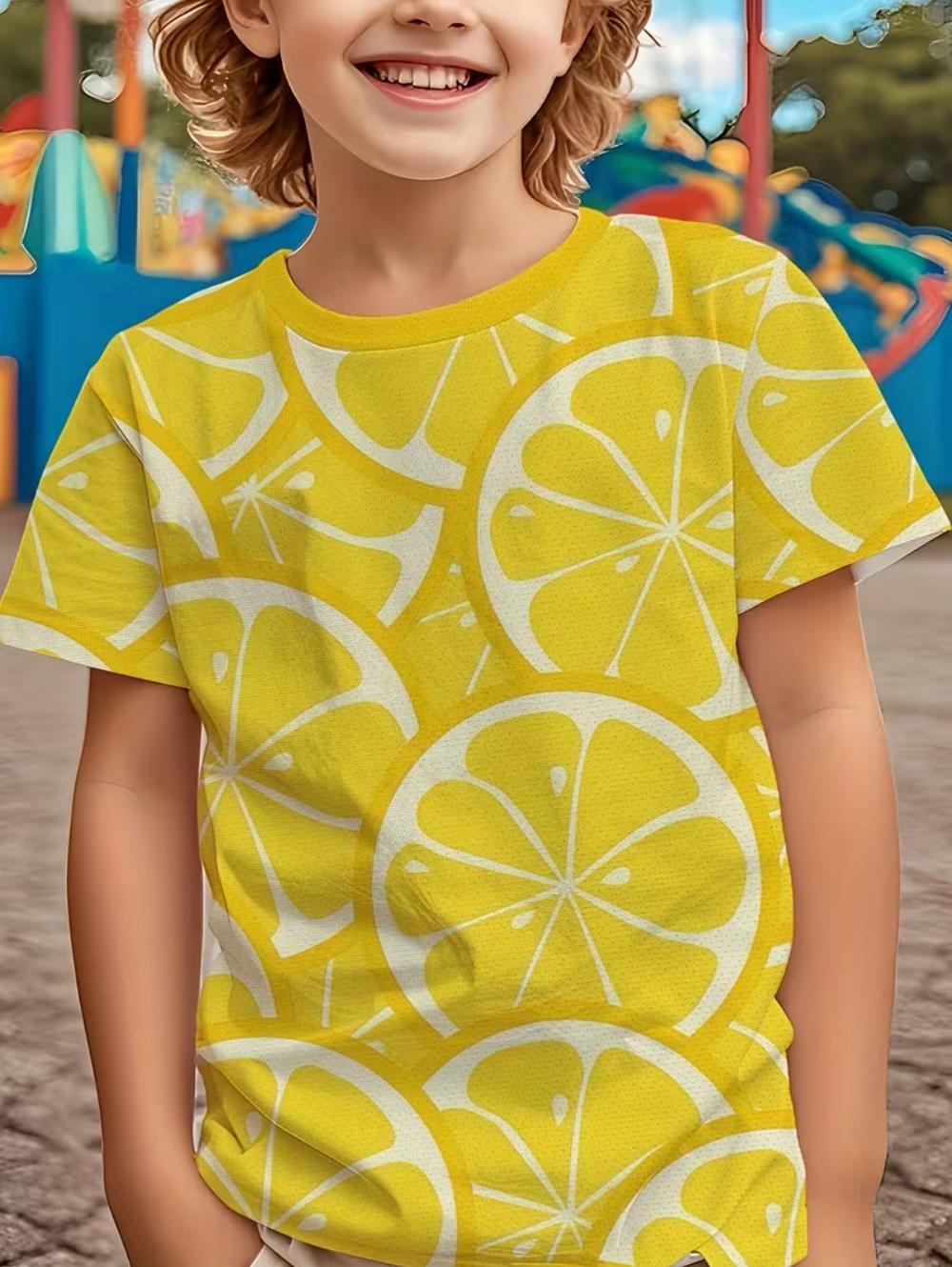 Children s Fashion Lemon and Lime Pattern T-shirt, Hot Selling Fruit 3D Print T-shirt, Summer Round Neck Loose Short Sleeve Top 100