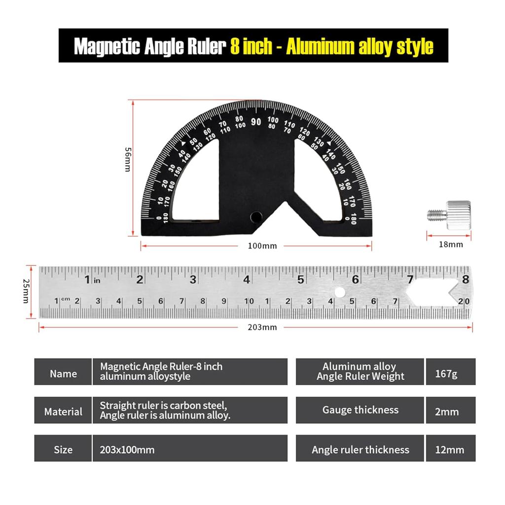 Protractor Angle Finder Stainless Steel Angle Ruler with 0-180 Degrees Adjustable Angle Square 8-Inch Woodworking Ruler for
