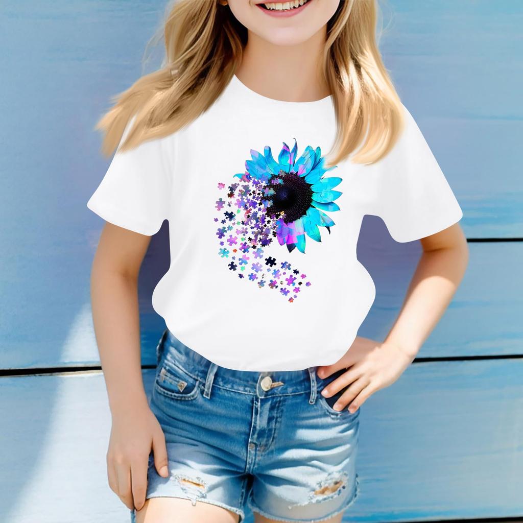 Children's Round Neck Casual Floral Small Print Short Sleeve T-shirt Top
