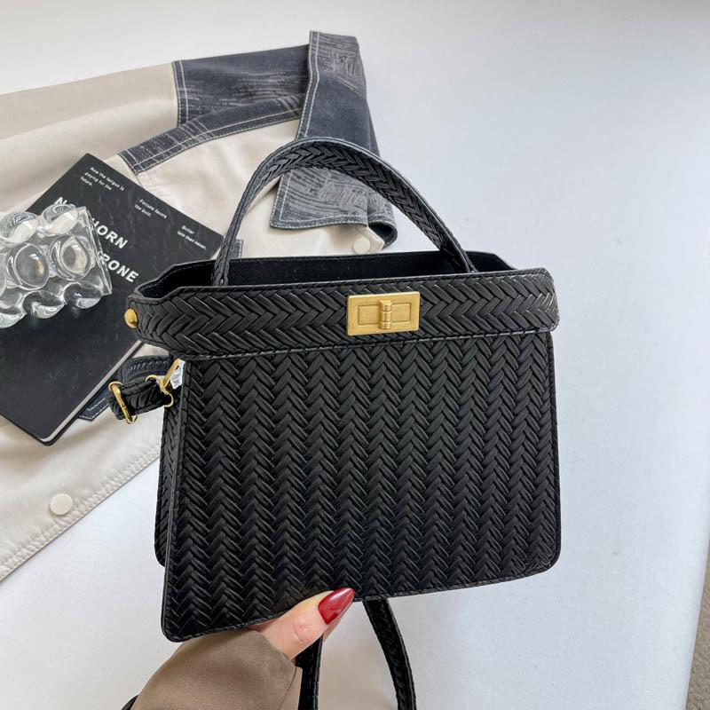 Women Fashion Woven Lock Buckle Small Square Shoulder Crossbody Handbag