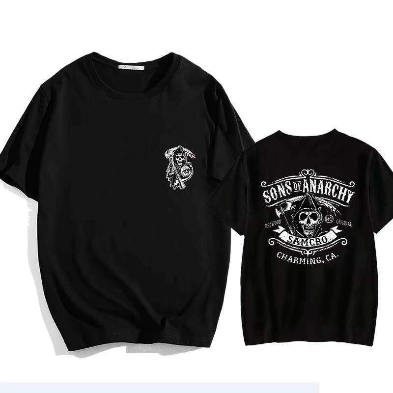 Trend Spring and Autumn Men's Loose Street Skull Pattern Printed T-Shirt Y2K Skull Harajuku Shirt Men's T-Shirt Tops
