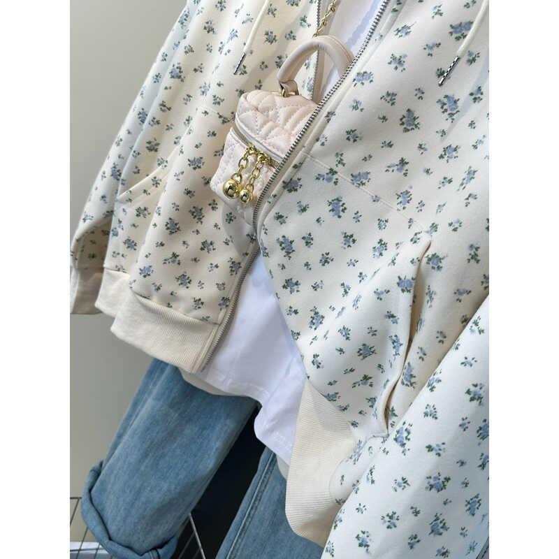 Wind real shot zipper cardigan hooded sweater women's season thin loose large size pocket jacket