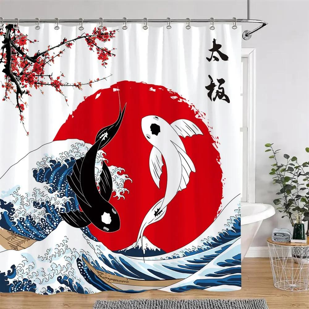 Chinese Japanese Cherry Blossom Ink Painting Shower Curtain Landscape Waves Art Creative Polyester Bath Curtains Bathroom Decor