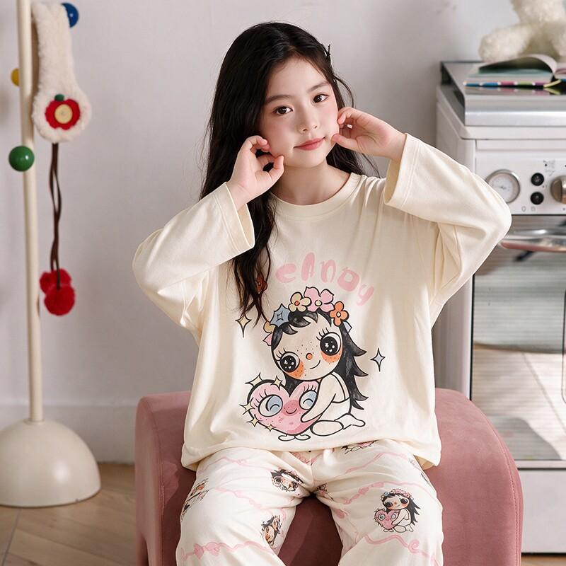 100% Cotton Girls Long Sleeve Pajamas Set Cartoon Print Round Neck Sleepwear Kids 8 Years