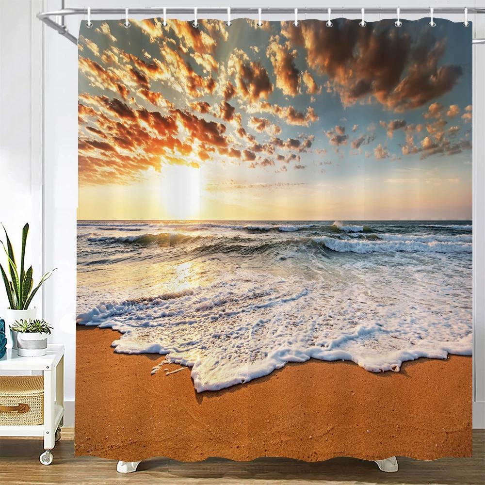 3D Seascape Beach Printed Fabric Shower Curtains Bathroom Curtain Bath Screen Waterproof Products Home Decor with Hooks