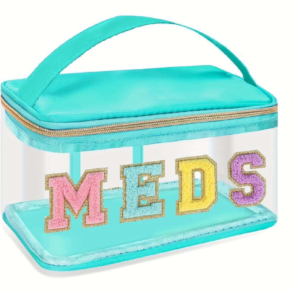 Fashion PVC Chenille Letter MEDS Makeup Bag - Portable Travel Toiletry Organizer with Large Capacity and Zipper Closure