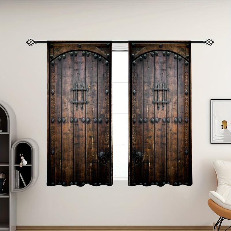 2 Panels Vintage Wooden Door Pattern Printed Curtains for Living Room Bedroom,Translucent Light Filter Fashionable Home Decor