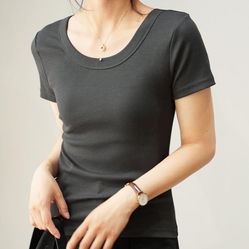 Casual Summer T Shirt For Women With High Elastic Ribbed Fabric And U Neck Design