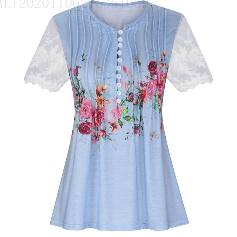 Women Summer Short Sleeve V Neck Printed T Shirt Top