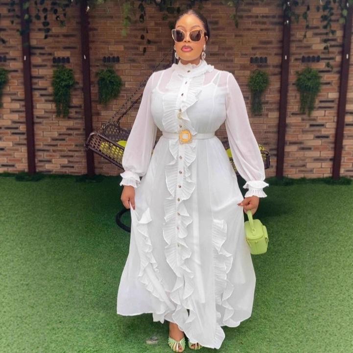 

Plus Size Women s Elegant White Chiffon Ruffled Dress with Stand Collar and Long Sleeves 4X Large