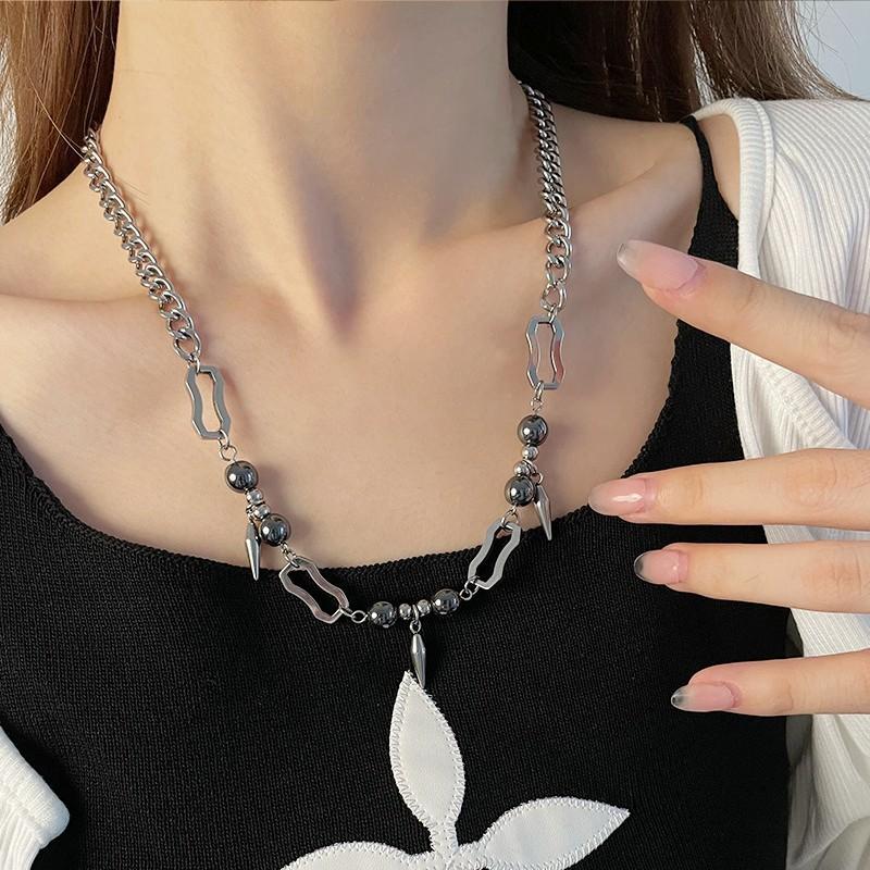 Titanium Steel Rivet Geometric Pendant Necklace Men Women Punk Hip Hop Style O-Link Chain 41-50cm Adjustable Length
