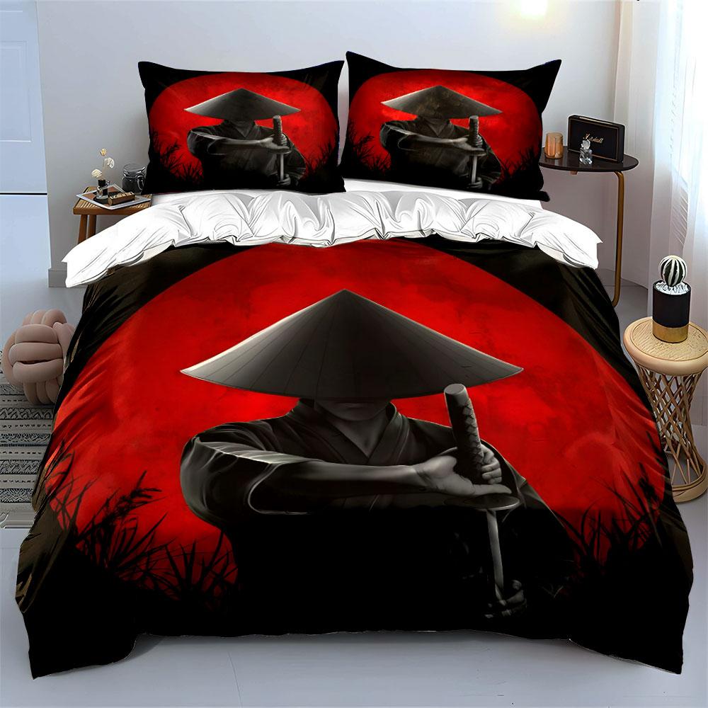 Samurai swordsman and the red moon Print Bedding Set 1 Duvet Cover 2 Pillowcases for Adult and Children Luxury Gift Full Size