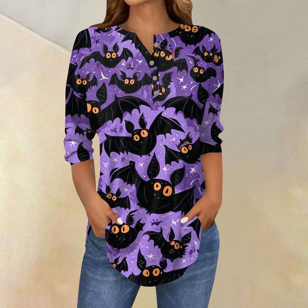 Women's Fashion Loose Button Collar Halloween Print Long Sleeve T-Shirt Top Pullover