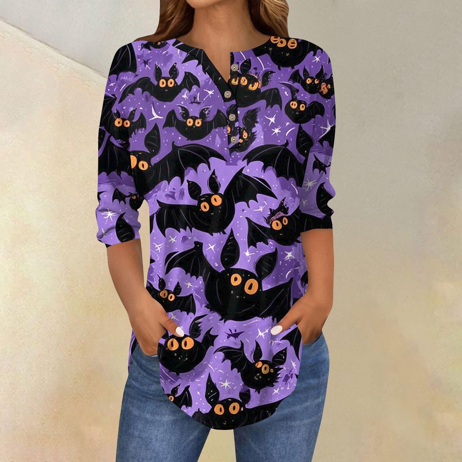 

Женская модная свободная футболка с пуговицами на воротнике, с принтом на Хэллоуин, с длинным рукавом, топ, пуловер L