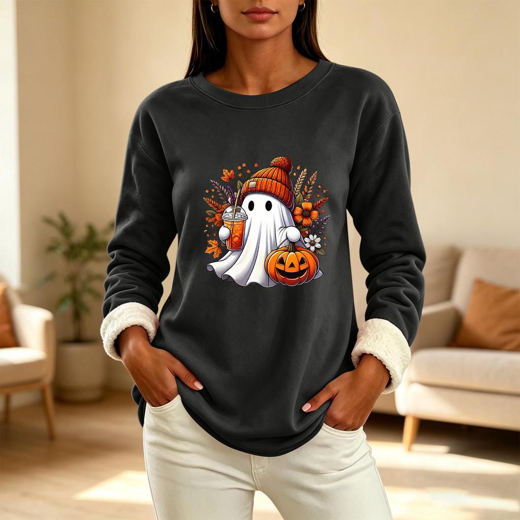 Women's Long Sleeve Pullover Round Neck Halloween Print Winter Casual Top
