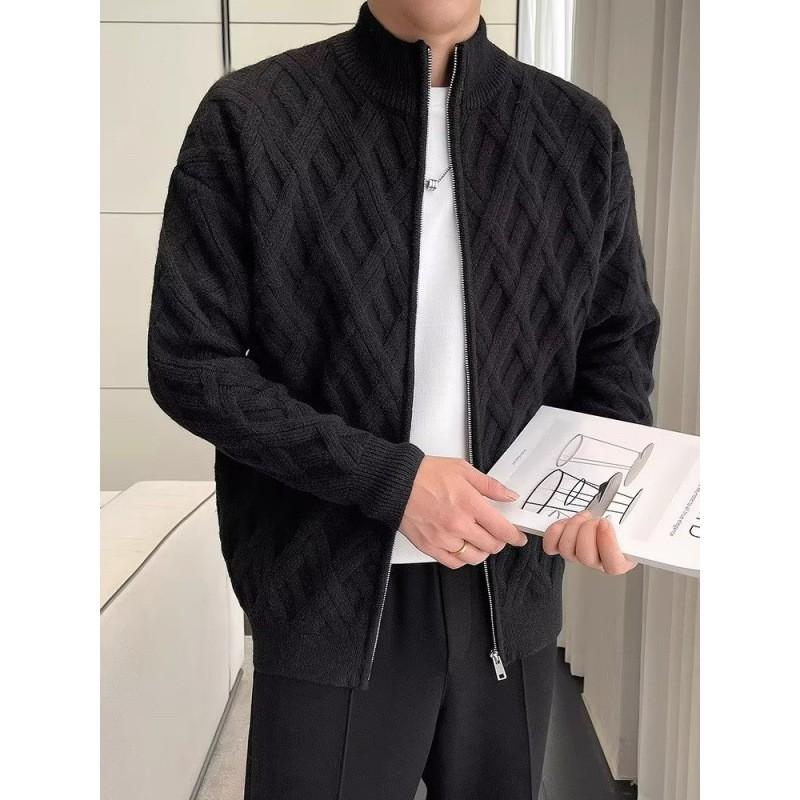Mens Half Turtleneck Knit Cardigan With Cable Twist Loose Fit Casual Sweater Winter Daily Wear