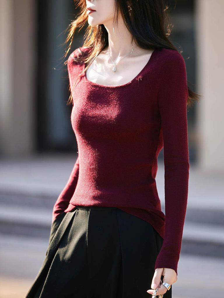 Damen Einfarbiger Schmaler Woll-Cardigan: Einfaches Strickoberteil mit U-Ausschnitt