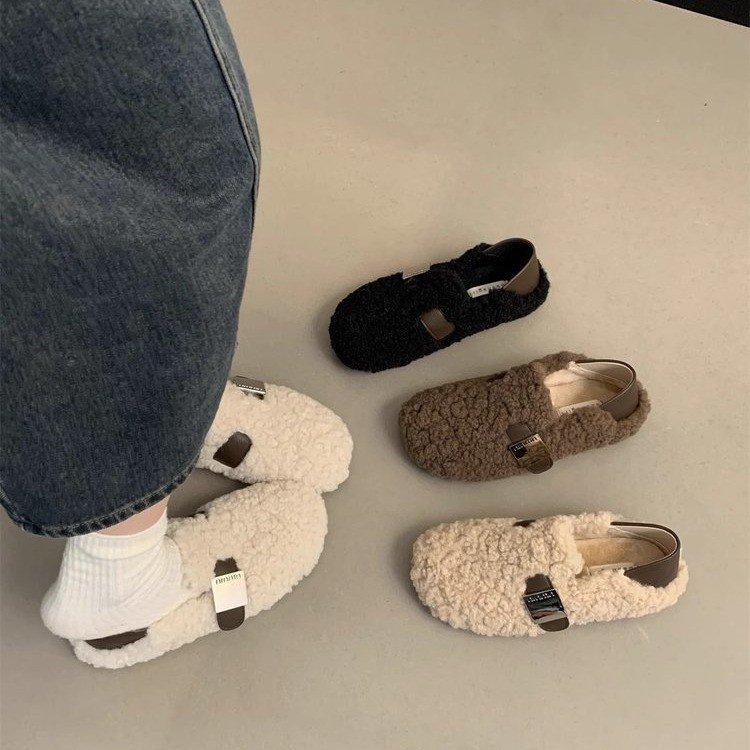 Lamb Wool Shoes Women's Outer Wear 2025 Autumn and Winter Korean Version Retro Flat-bottomed One-pedal Doudou Shoes Velvet Cotton Shoes