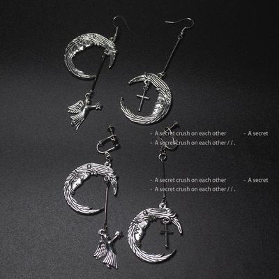 Gothic Punk Retro Moon Angel Cross Clip-On Earrings