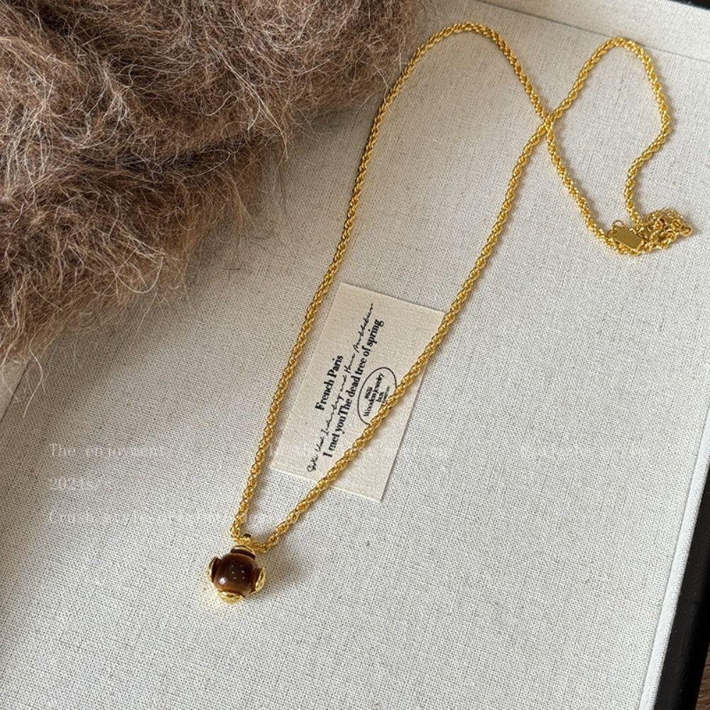 Retro Tiger Eye Stone Necklace Maillard Chain Choker Pearl Beaded Necklaces  Cloth Accessories