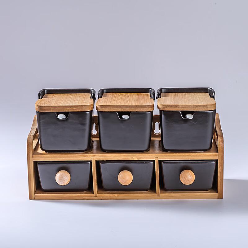 LISM Square Ceramic & Bamboo Seasoning Jars - Set of 6 Black