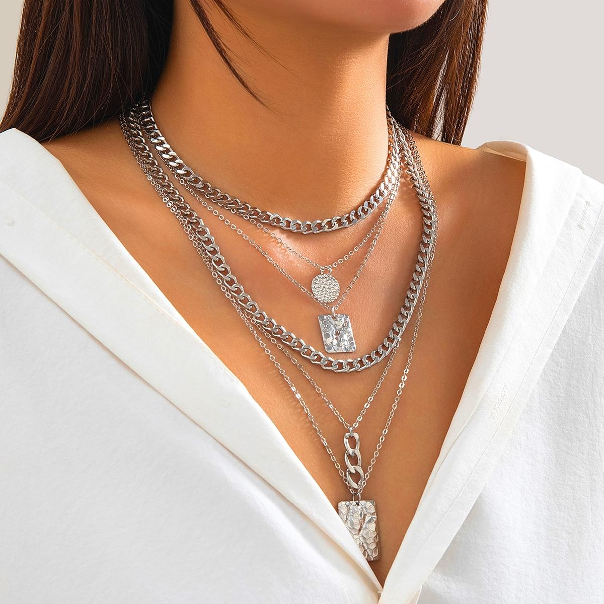 

Ingemark 6 Pcs/Set Punk Round Squre Metal Pendant Choker Necklace for Women Hip Hop Silver Color Adjustable Chain Grunge Jewelry