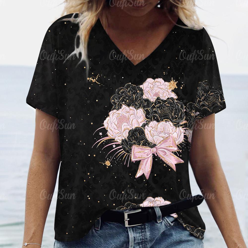 2024 Luxus Damen T-Shirt 3D Blumen- und Grasdruck Übergröße Damen Trend Kleidung Mode Kurzarmshirt Damen V-Ausschnitt Top