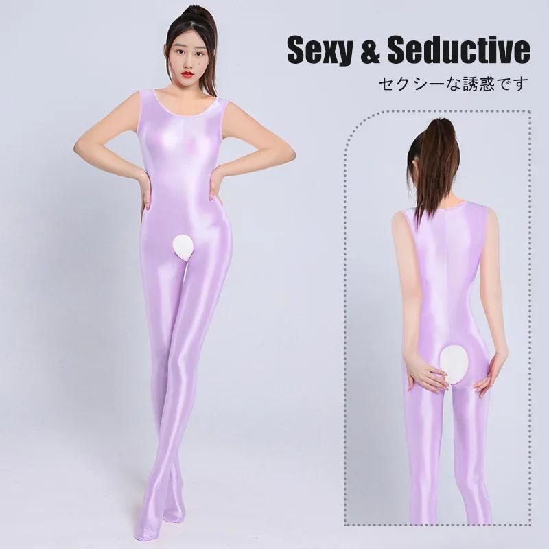 Sexy Shiny Glossy Backless Bodysuit Women'S Crotchless Sleeveless Jumpsuit Satin Smooth Tights One Piece Leotard Catsuit Ootd