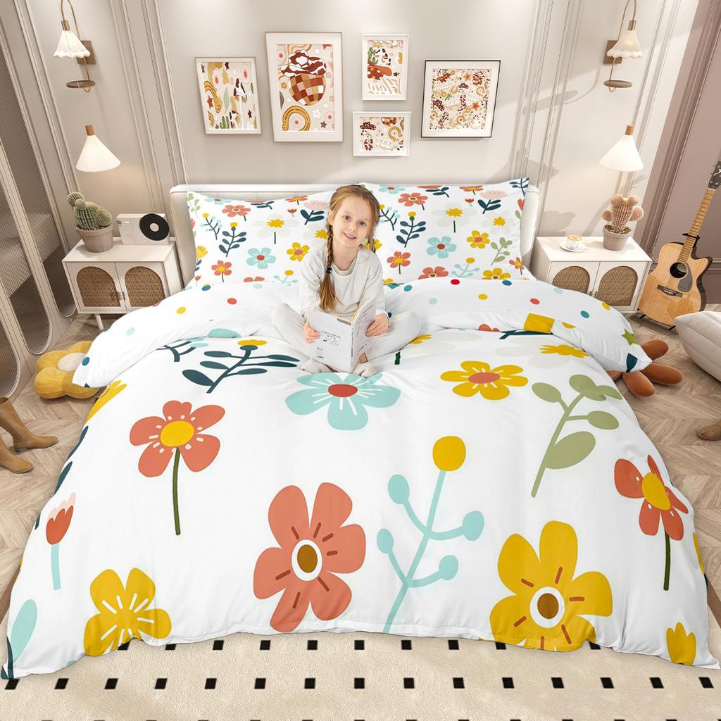 Homewish Cute Groovy Floral Duvet Cover Set for Girls, Vintage Butterfly Flower Bedding Set, Cartoon Blossom Comforter Cover Set