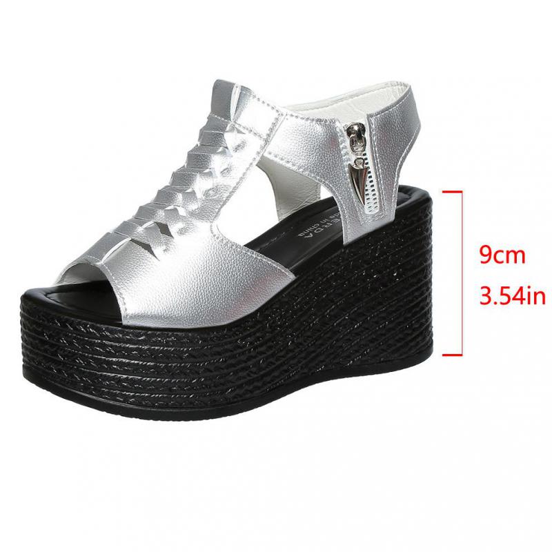 Fashion Women Gold Wedges Sandals Pu Leather Platform Thick Sole Sandals For Women High Heels Shoes Open Toe Med Heel Summer Beach Shoes