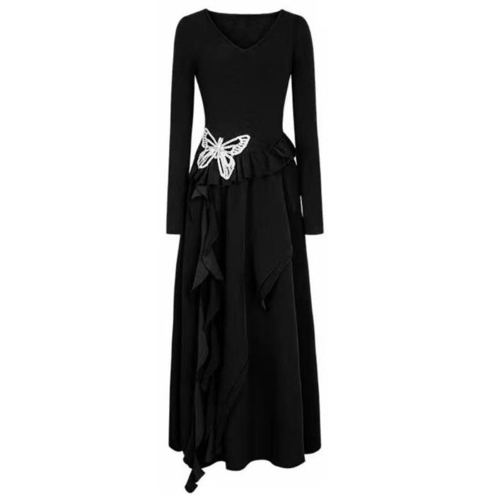 Women s Black Long-Sleeved Butterfly Dress - Irregular, Waist-Cinched, Elegant Early Autumn 2026 Style M