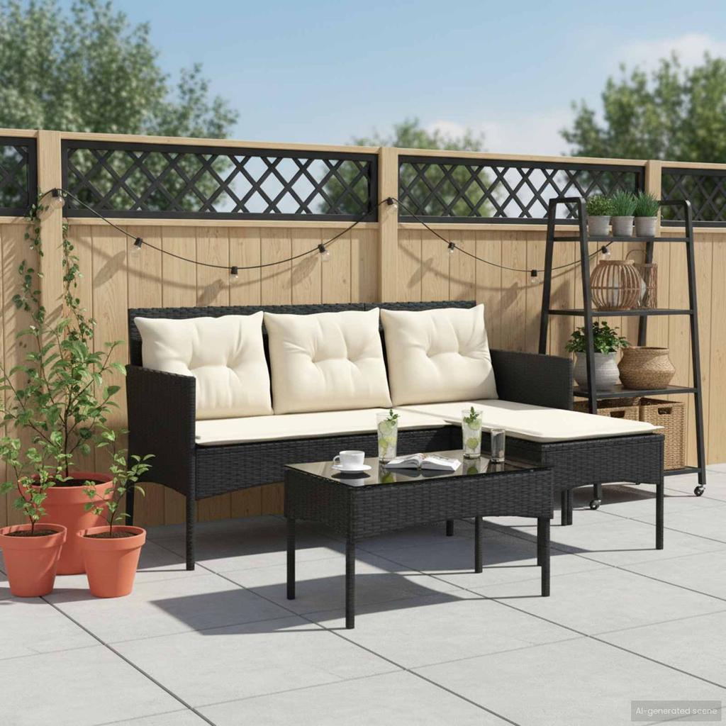Garden Sofa Set with Cushions 2 pcs Black and Cream Poly Rattan