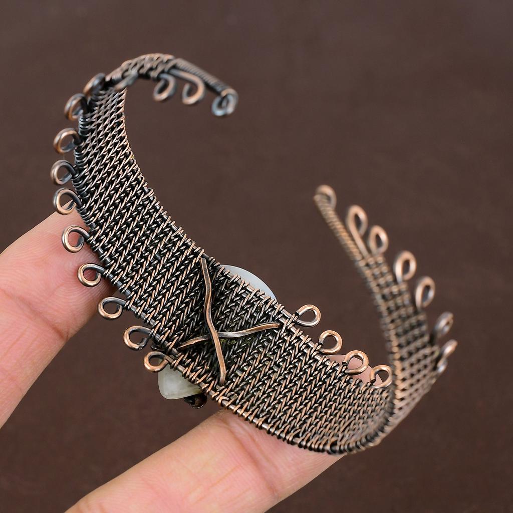 Natural Rainbow Moonstone Handmade Copper Wire Wrap Bangle Adjustable E5i26