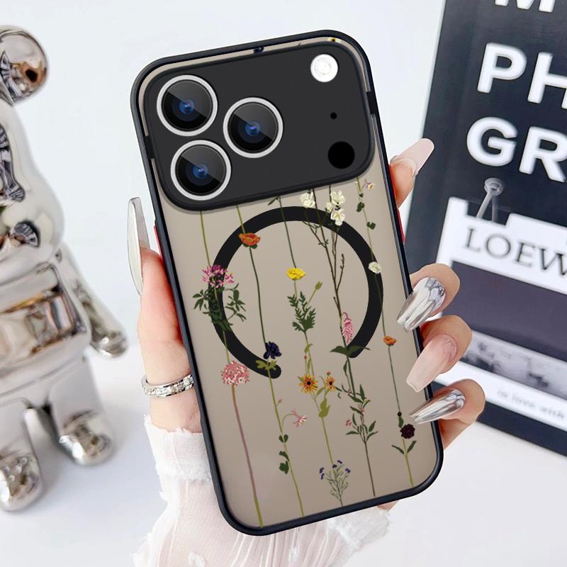Flowers Leaves Pattern Magnetic Phone Case For iPhone 17 15 16 Pro Max 14 13 Pro 17 For Magsafe Wireless Charge Soft Edge Cover