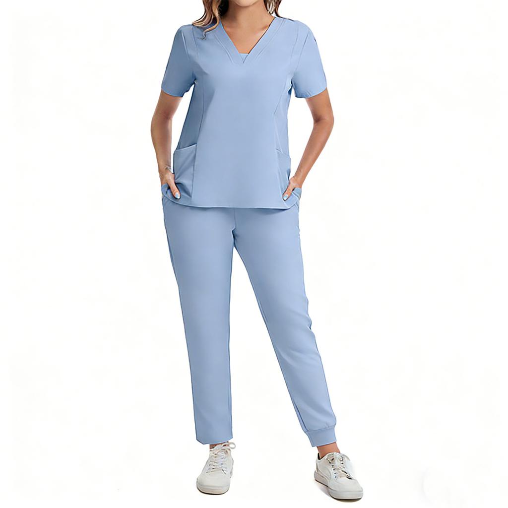 Ladies' Loose And Comfortable V-neck Short Sleeved Workwear With Multiple Pockets Suit Set