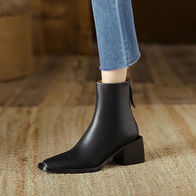 Fashion New Spring Split Leather Western Boots Square Toe Chunky Heel Boots for Women Winter Short Boots Concise Women Boot High Heels
