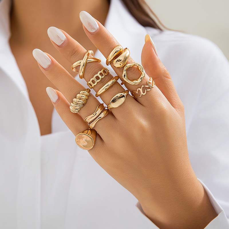 

10Pcs/Set Trendy Gold Color Geometric Cuff Rings Set for Women Fashion Metal Geometric Adjustable Finger Ring Zircon 2026 New