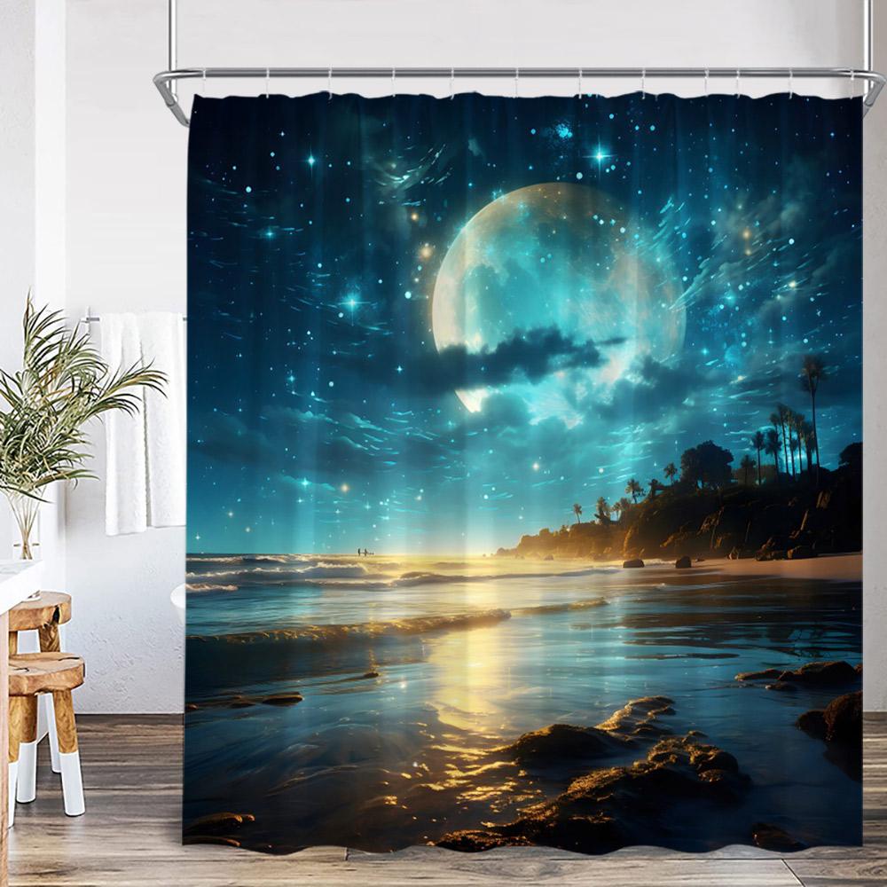 Celestial Moon Shower Curtain Starry Night Cloud Sea Ocean Sailboat Space Bathroom Decor Cresent Full Moon Bath Cutain With Hook