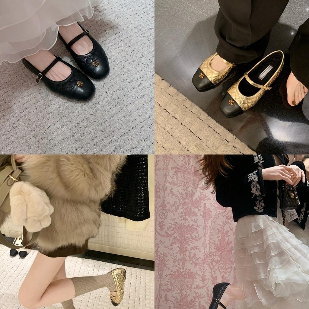 First encounter super soft inner height increase camellia Mary Jane shoes winter small fragrant wind rhombus color matching and velvet single shoes