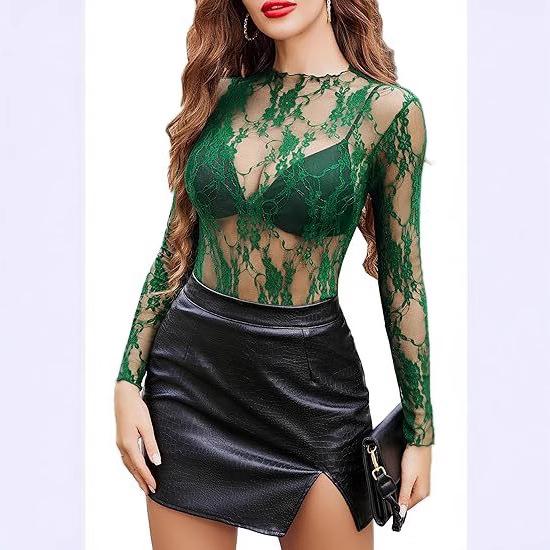 2024 European & American Style Lace Floral See-Through Long-Sleeve Women's Top